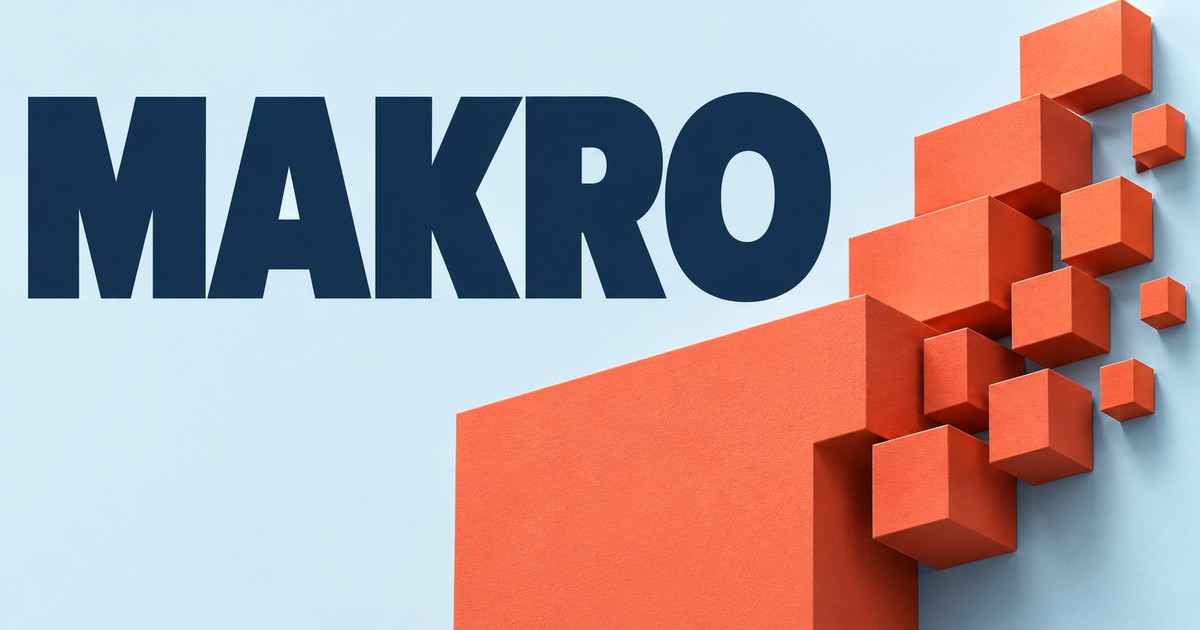 Granatowy napis MAKRO na jasnoniebieskim tle oraz koralowe matowe prostopadłościany o różnych rozmiarach.