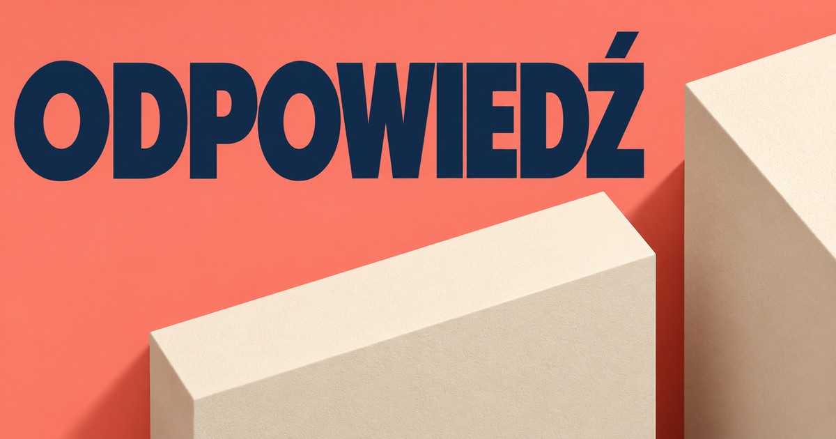 Granatowy napis ODPOWIEDŹ na koralowym tle, kremowe matowe prostokątne elementy i jeden wyraźny odstęp.