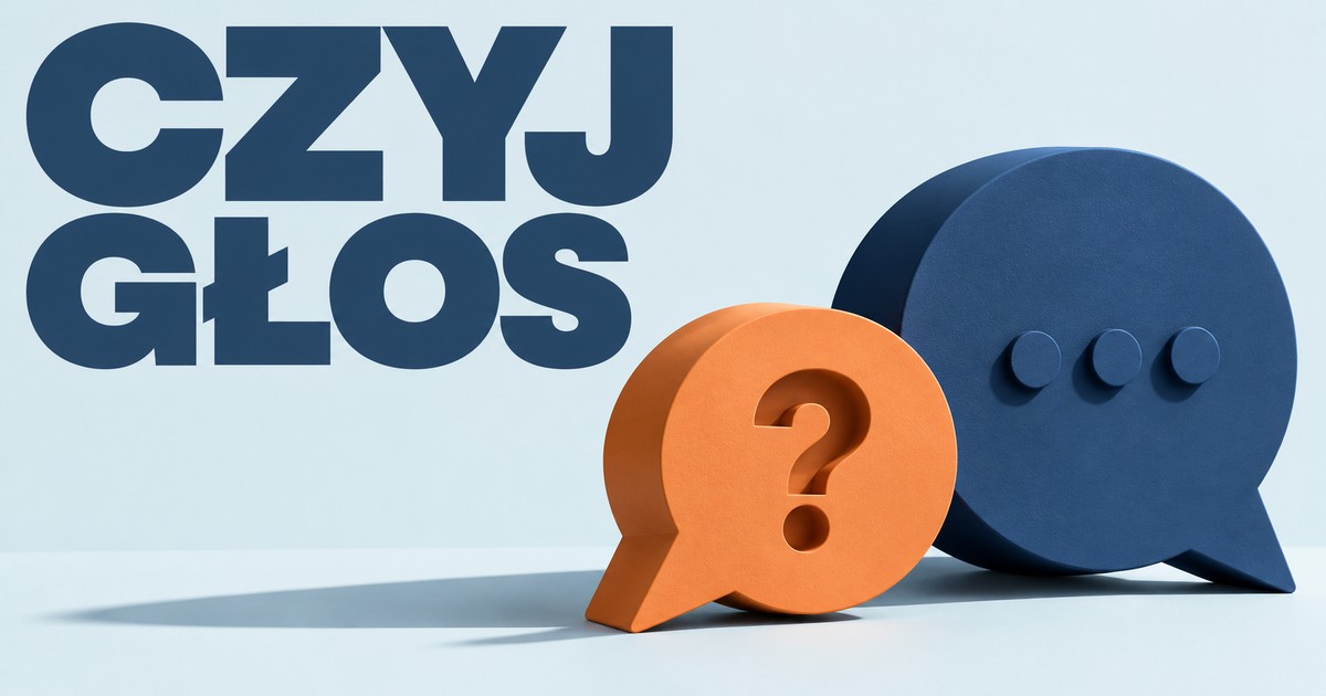 Pomarańczowa matowa forma dymku ze znakiem zapytania przed większym granatowym dymkiem z trzema kropkami, obok napisu CZYJ GŁOS.