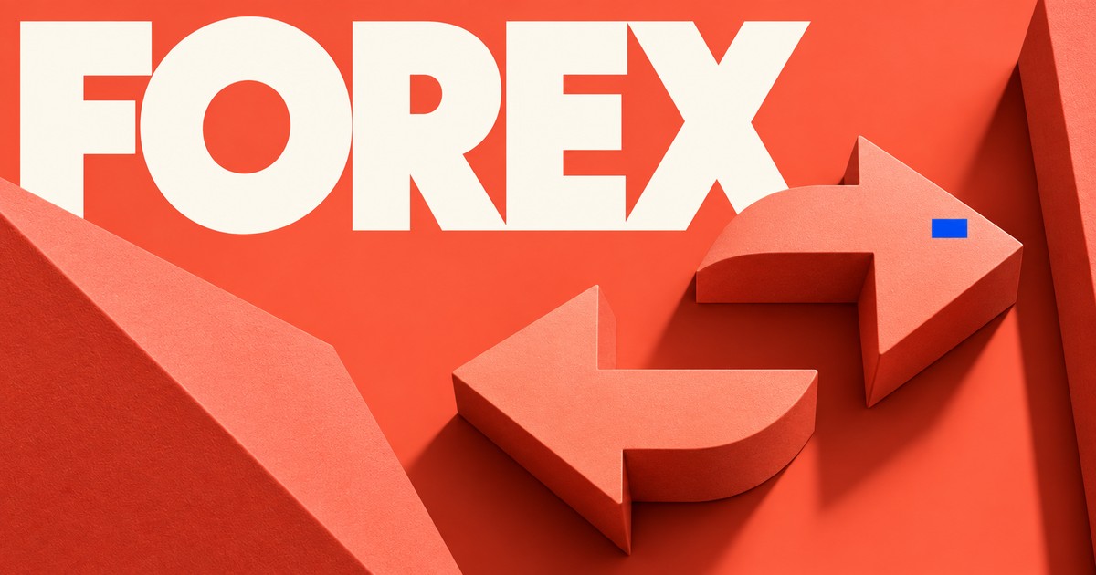 Koralowa okładka z napisem FOREX i geometryczną rzeźbą wymiany walut.