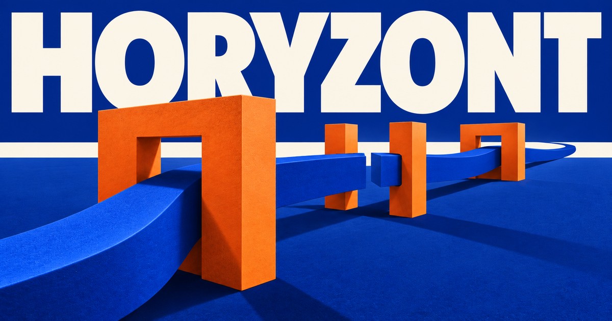 Niebieska wstęga przechodząca przez pomarańczowe bramy, z przerwą w środku; okładka HORYZONT.