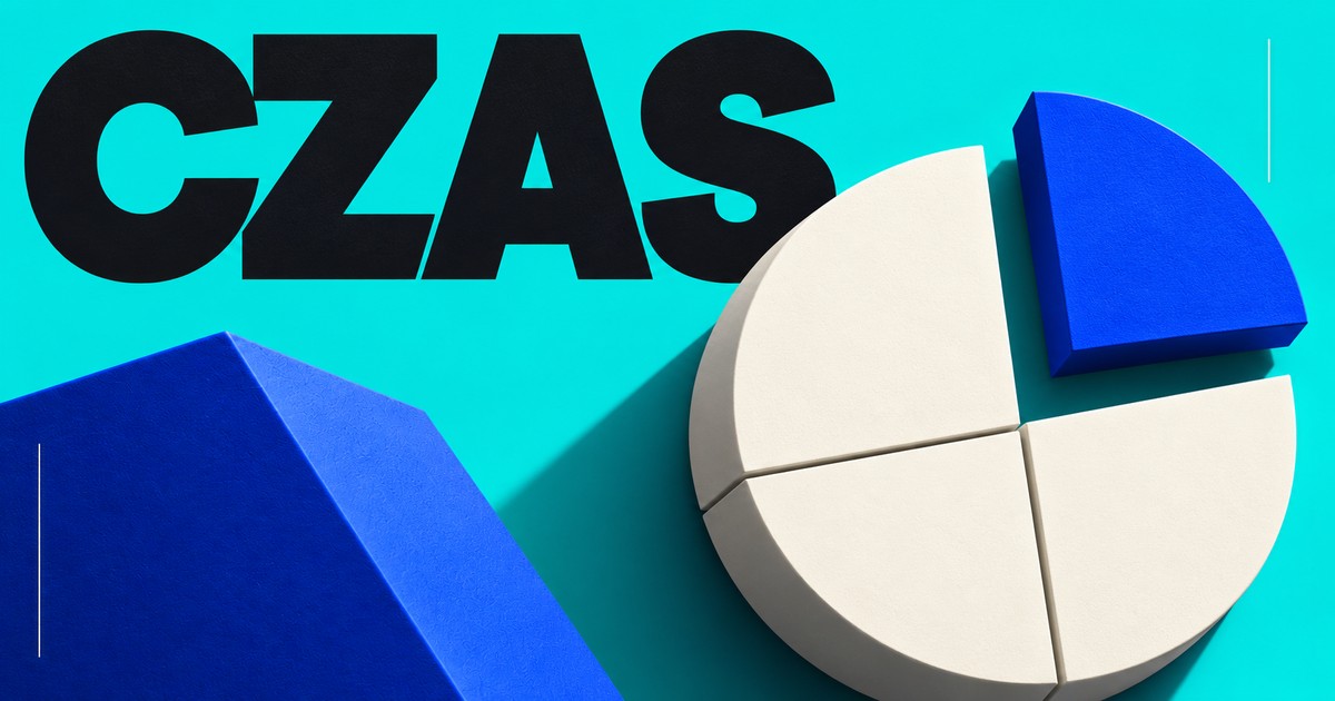 Ilustracja CZAS na turkusowym tle: podzielona matowa tarcza z oddzielonym kobaltowym segmentem.