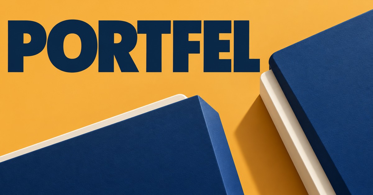 Oddzielne matowe segmenty portfela i przerwa między nimi, napis PORTFEL.