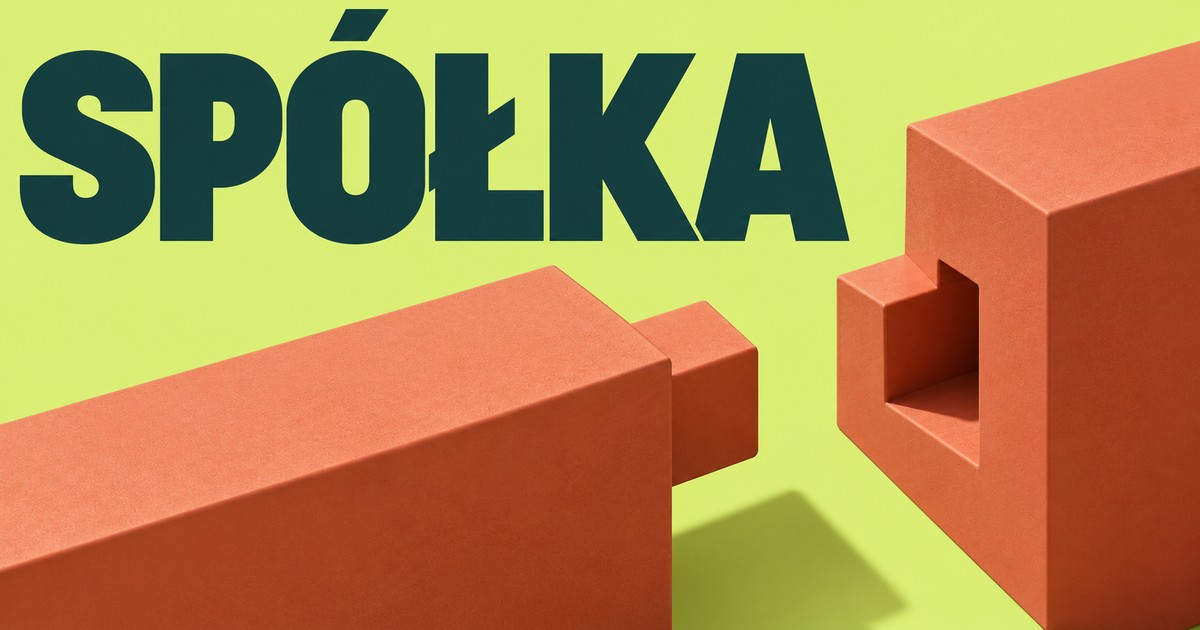 Bryły o tej samej sylwetce i różnych połączeniach, napis SPÓŁKA.