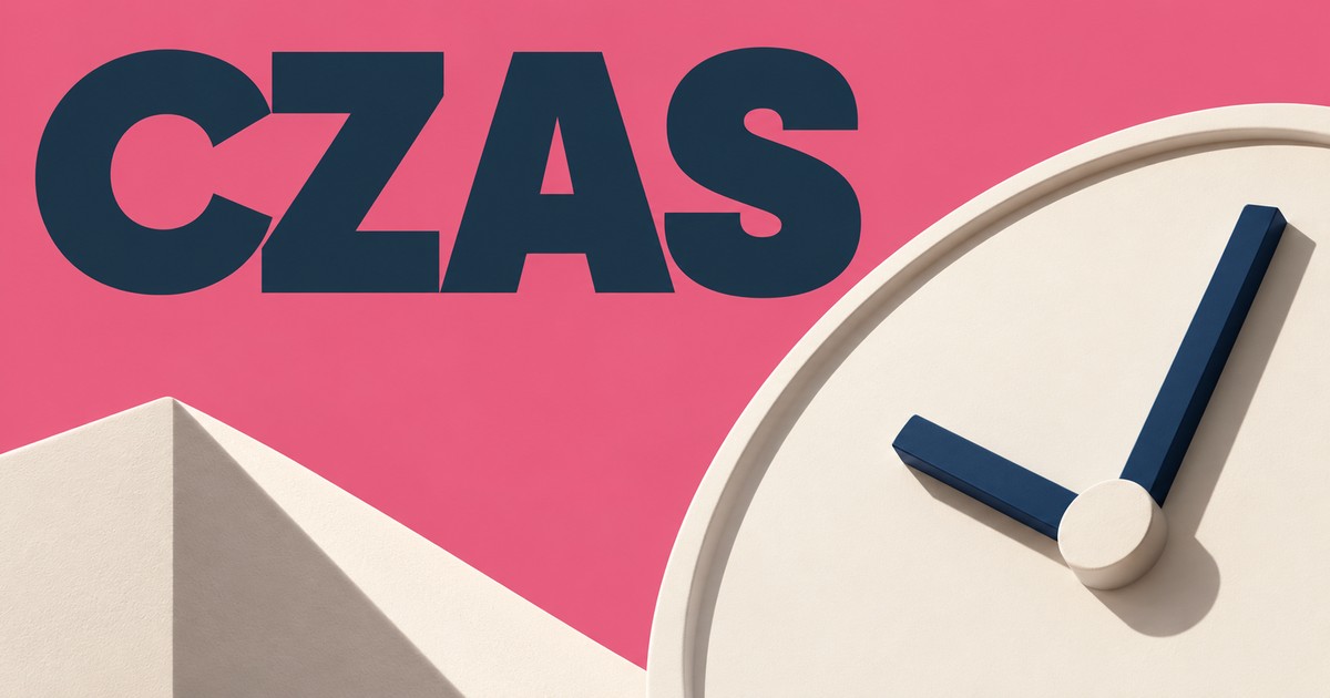Matowy zegar bez cyfr i znaczniki tego samego momentu, napis CZAS.