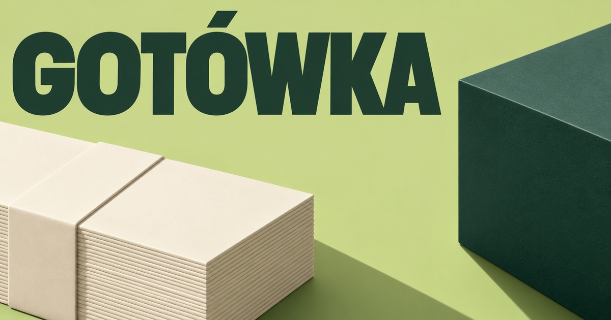 Słowo GOTÓWKA i dwa oddzielone matowe bloki symbolizujące różne składniki wolnych środków.