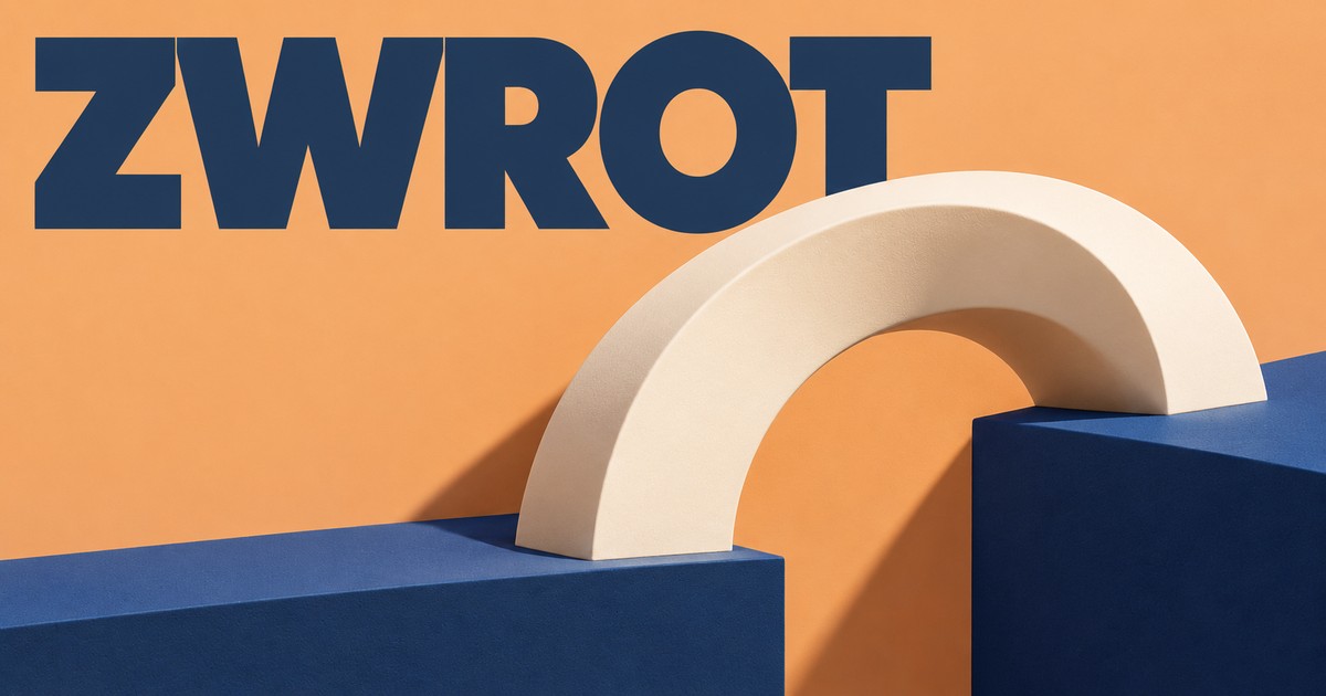 Słowo ZWROT i monumentalny matowy łuk powrotu między dwoma blokami.