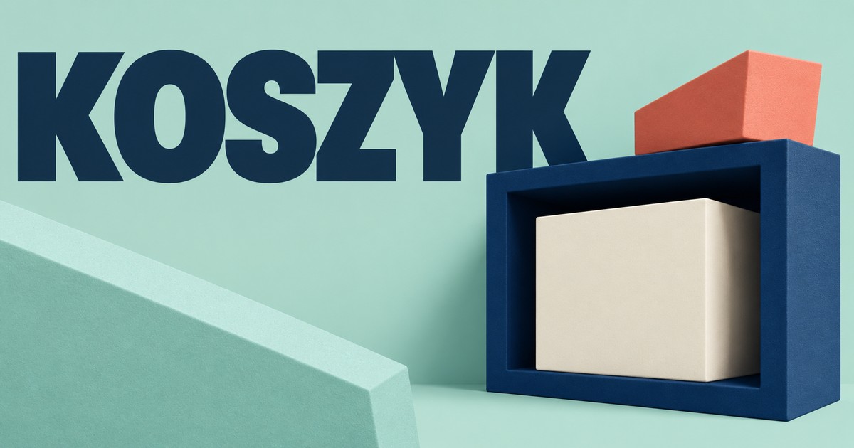 Ogromny granatowy napis KOSZYK na jasnomiętowym tle; gruba matowa granatowa prostokątna rama otacza kremowy blok, z koralową bryłą na jej górze i miętową płytą na pierwszym planie.