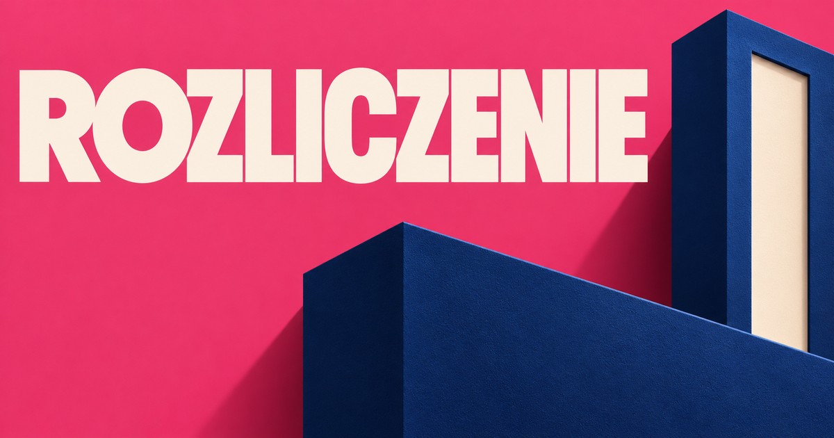 Napis ROZLICZENIE na malinowym tle; granatowy poziomy blok i stojąca pionowa rama z kremowym wnętrzem.