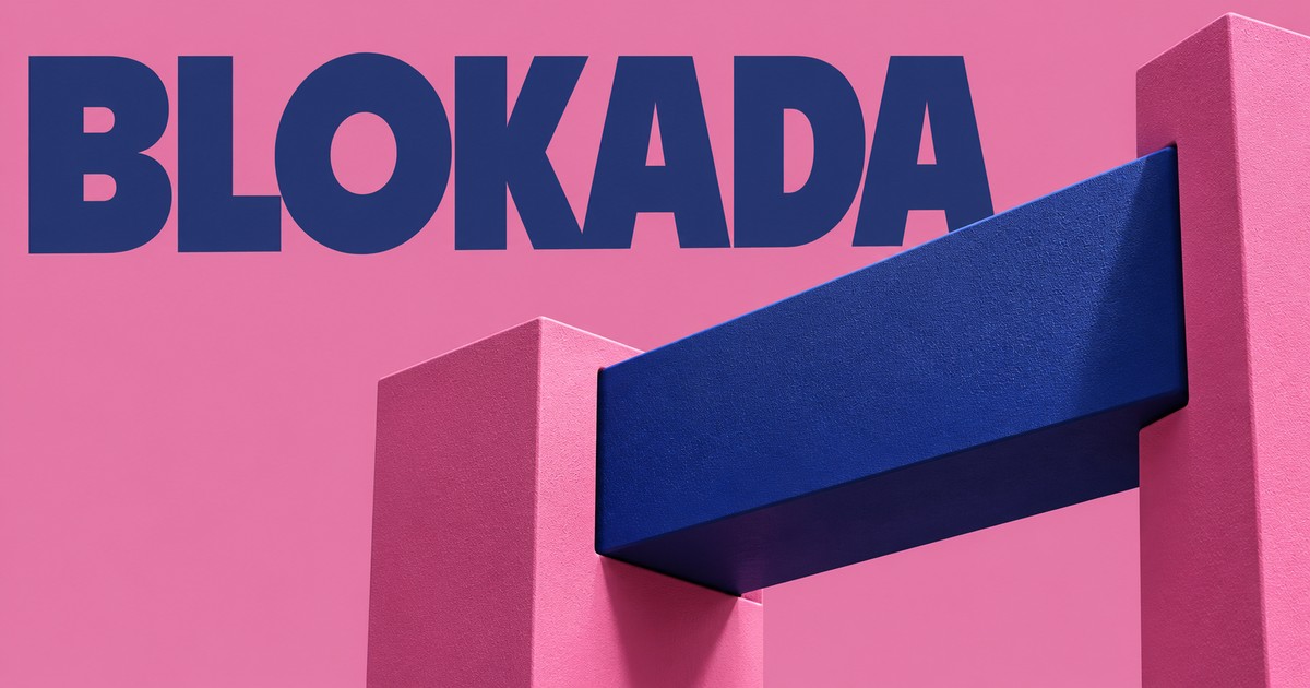 Granatowy napis BLOKADA na różowym tle, granatowa matowa belka osadzona między dwiema różowymi podporami.
