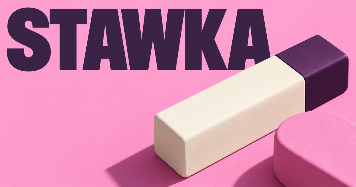 Napis STAWKA na różowym tle obok dwóch matowych segmentów składających się na jeden blok.