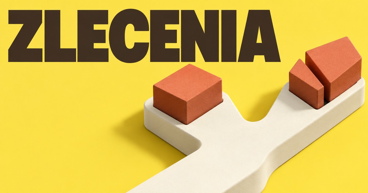 Wielki ciemny napis ZLECENIA na żółtym tle; jasna matowa bryła rozgałęzia się do całego i podzielonego terakotowego bloku.