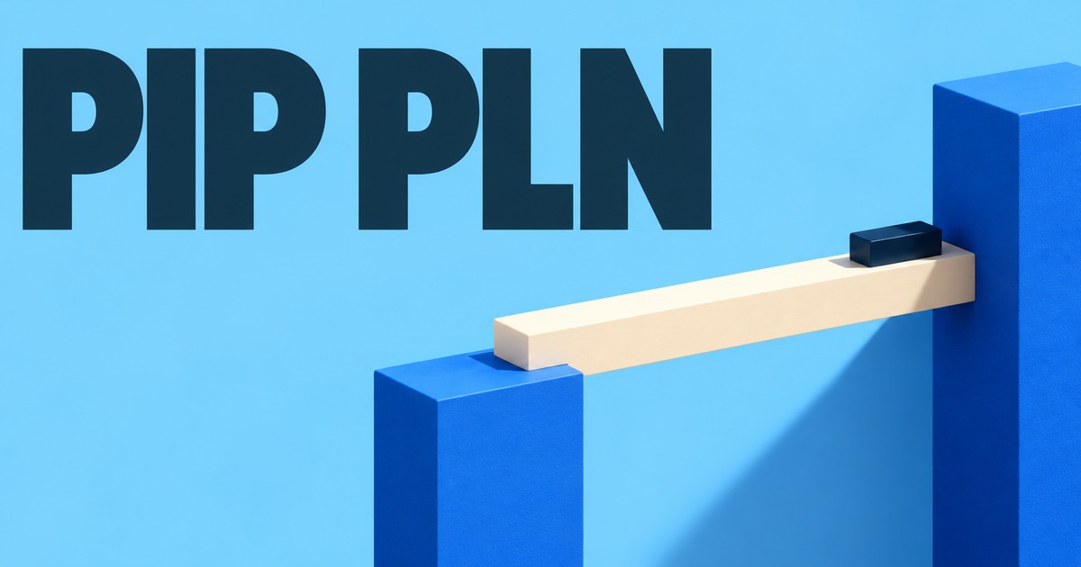 Napis PIP PLN na błękitnym tle oraz dwa różne matowe elementy połączone poziomą bryłą pokazującą przeliczenie jednostek.