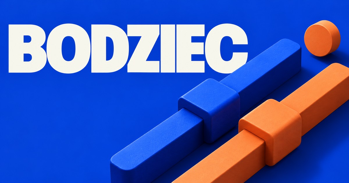 Dwie monumentalne matowe bryły przypominające przesunięte przełączniki, kobaltowa i pomarańczowa; napis BODZIEC.