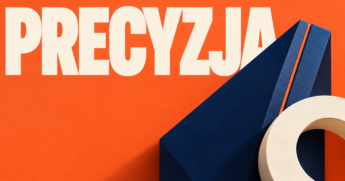 Kremowy napis PRECYZJA na pomarańczowym tle, granatowa bryła z wąską szczeliną oraz kremowy okrągły element w dolnym rogu.