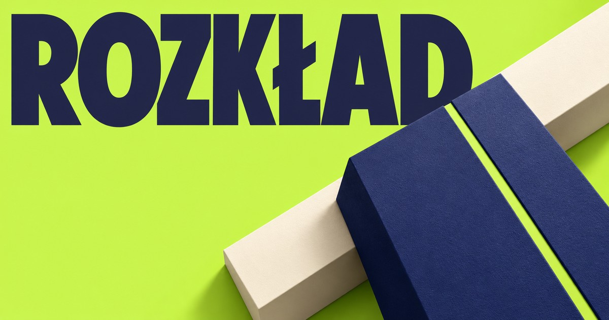Granatowy napis ROZKŁAD na limonkowym tle; matowa granatowa płyta z wąską szczeliną przecina kremową ukośną belkę.