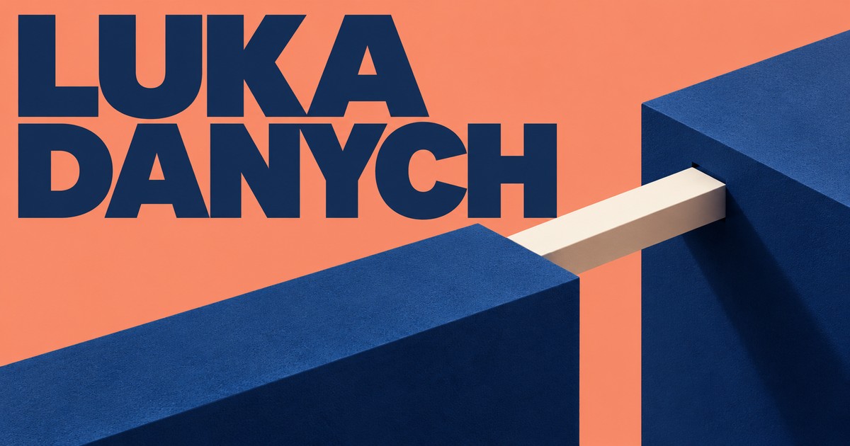 Granatowy napis LUKA DANYCH na łososiowym tle; kremowa belka łączy dwie duże niebieskie bryły.